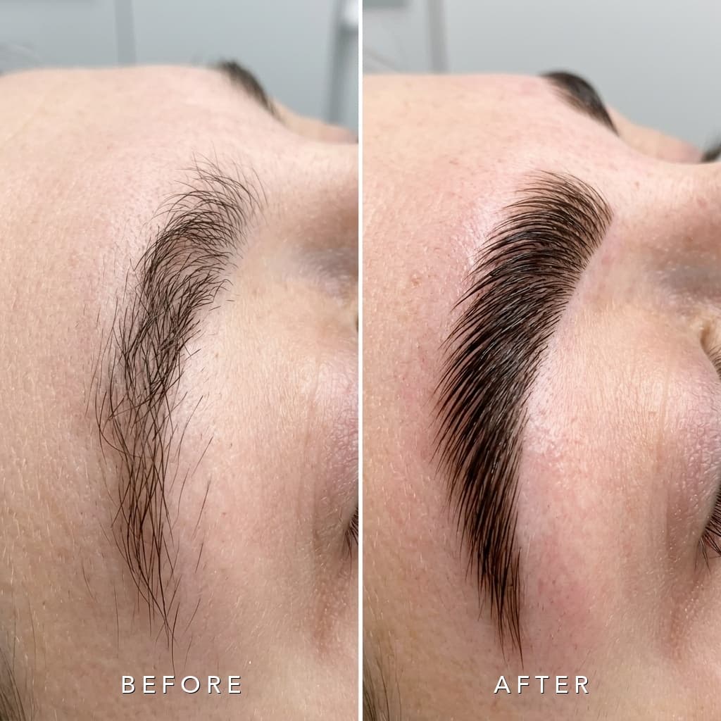 Before and after Brow Lamination and Tinting treatment at Studio Luveria Aesthetics Charlottesville
