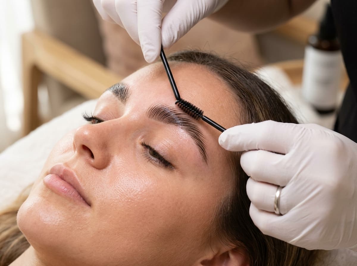 Master Esthetician brushing and laminating feathery eyebrows at Studio Luveria Aesthetics Charlottesville