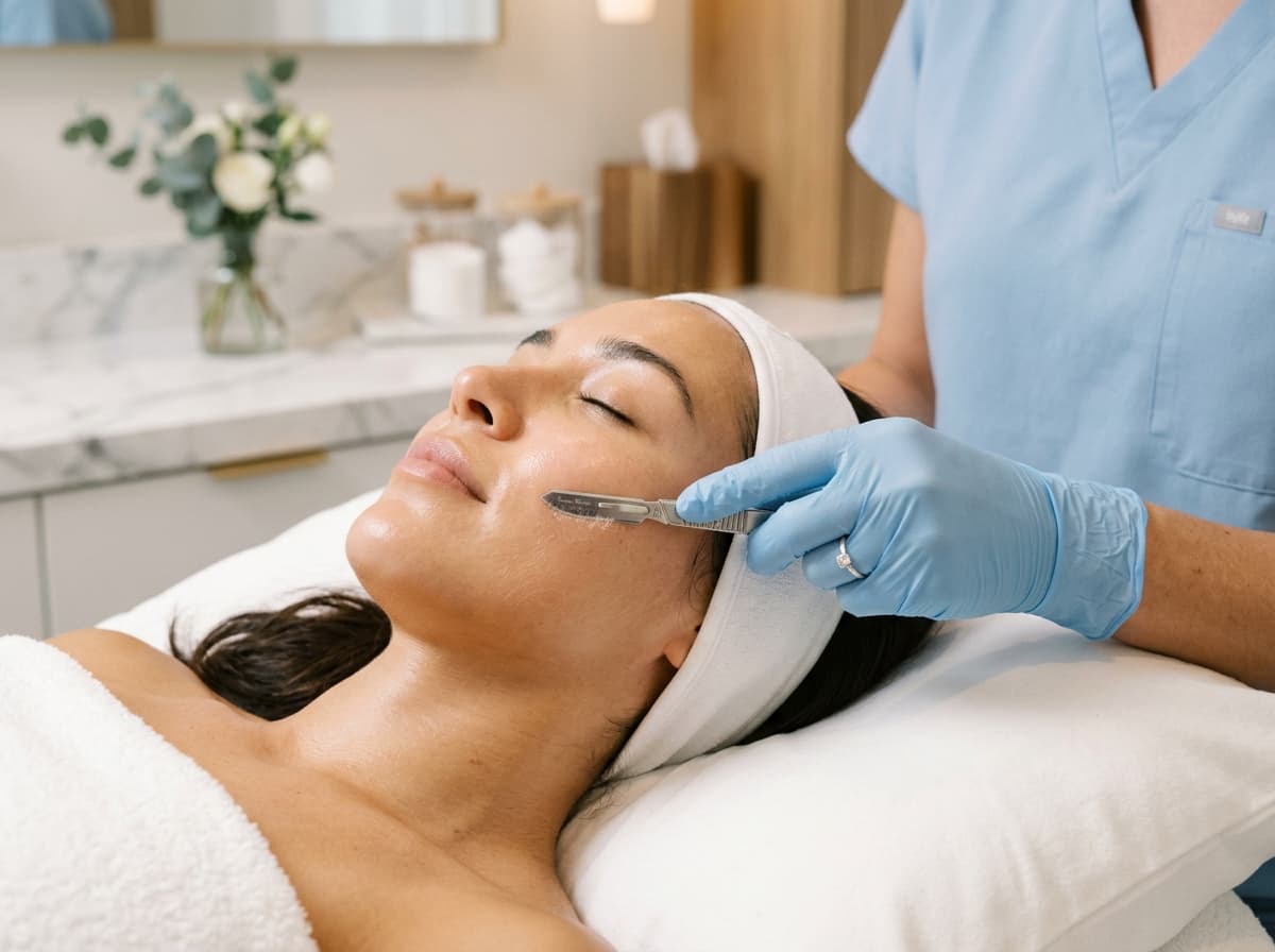 Close-up of clinical dermaplane blade gently exfoliating cheek at 45 degree angle