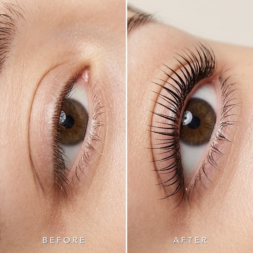 Before and after Keratin Lash Lift and Jet-Black Lash Tinting at Studio Luveria Aesthetics Charlottesville