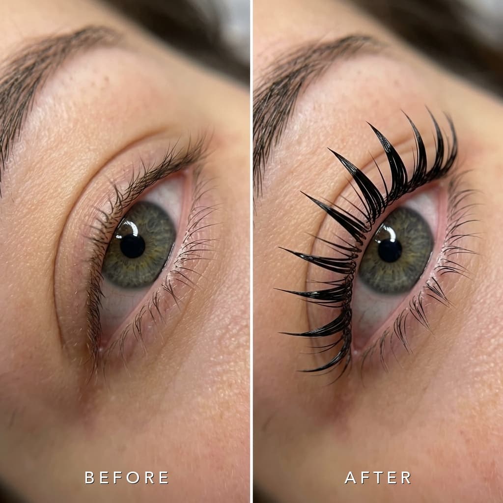 Before and after Korean Gentle Anime Spiked Doll Lash Lift at Studio Luveria Aesthetics Charlottesville