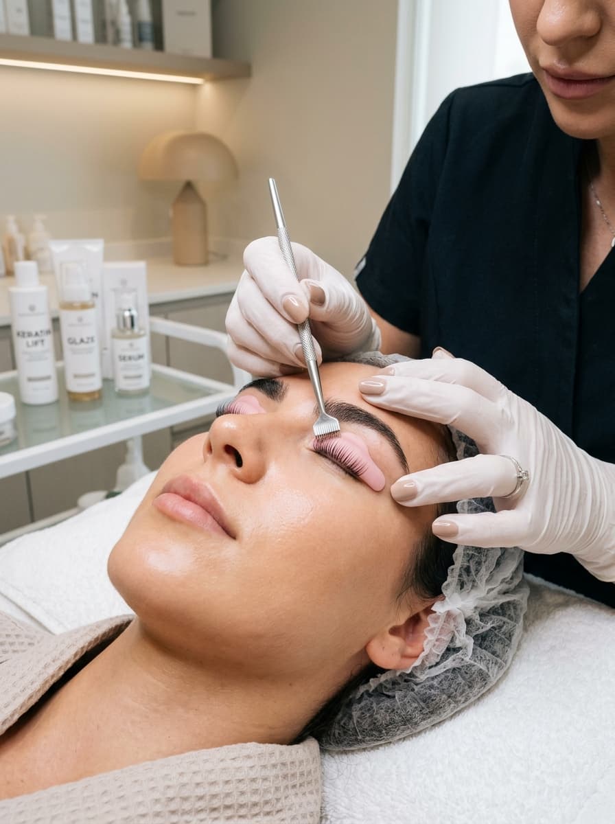 Master Esthetician performing precision keratin lash lift treatment at Studio Luveria Aesthetics Charlottesville