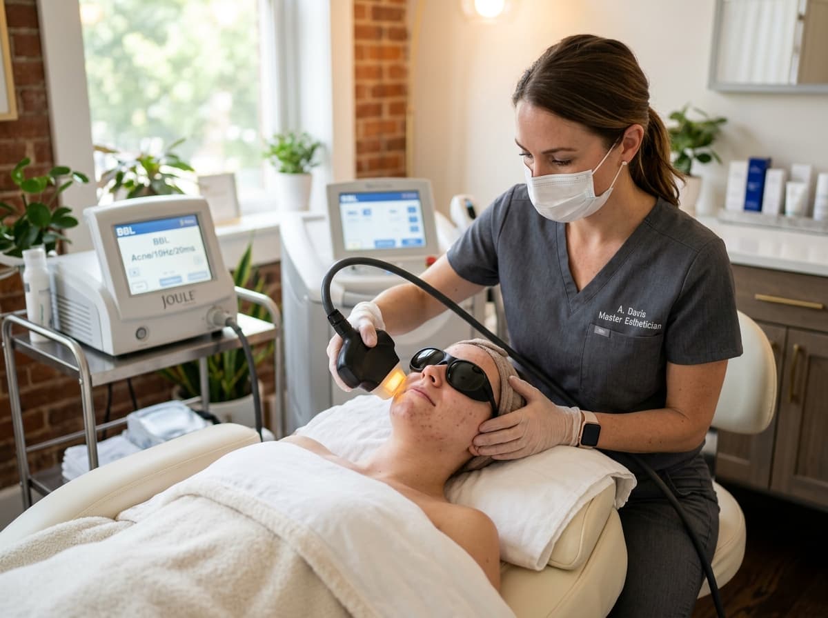 Master Esthetician administering BBL Forever Clear acne therapy in Charlottesville