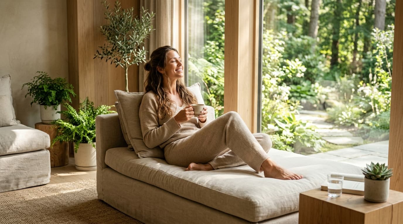 Woman experiencing boundless natural vitality and serene well-being in luxury aesthetic suite Charlottesville VA