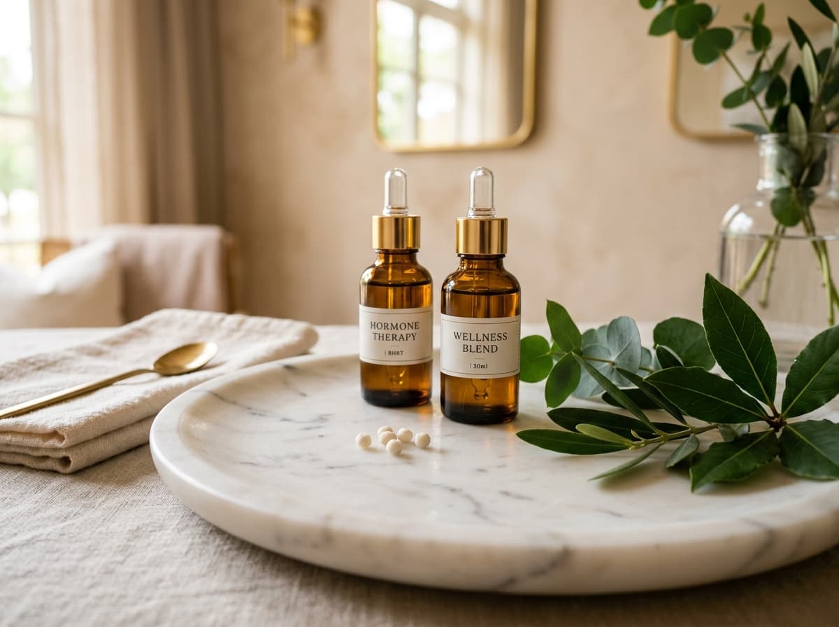 Bio-identical hormone pellets and natural botanical wellness apothecary bottles