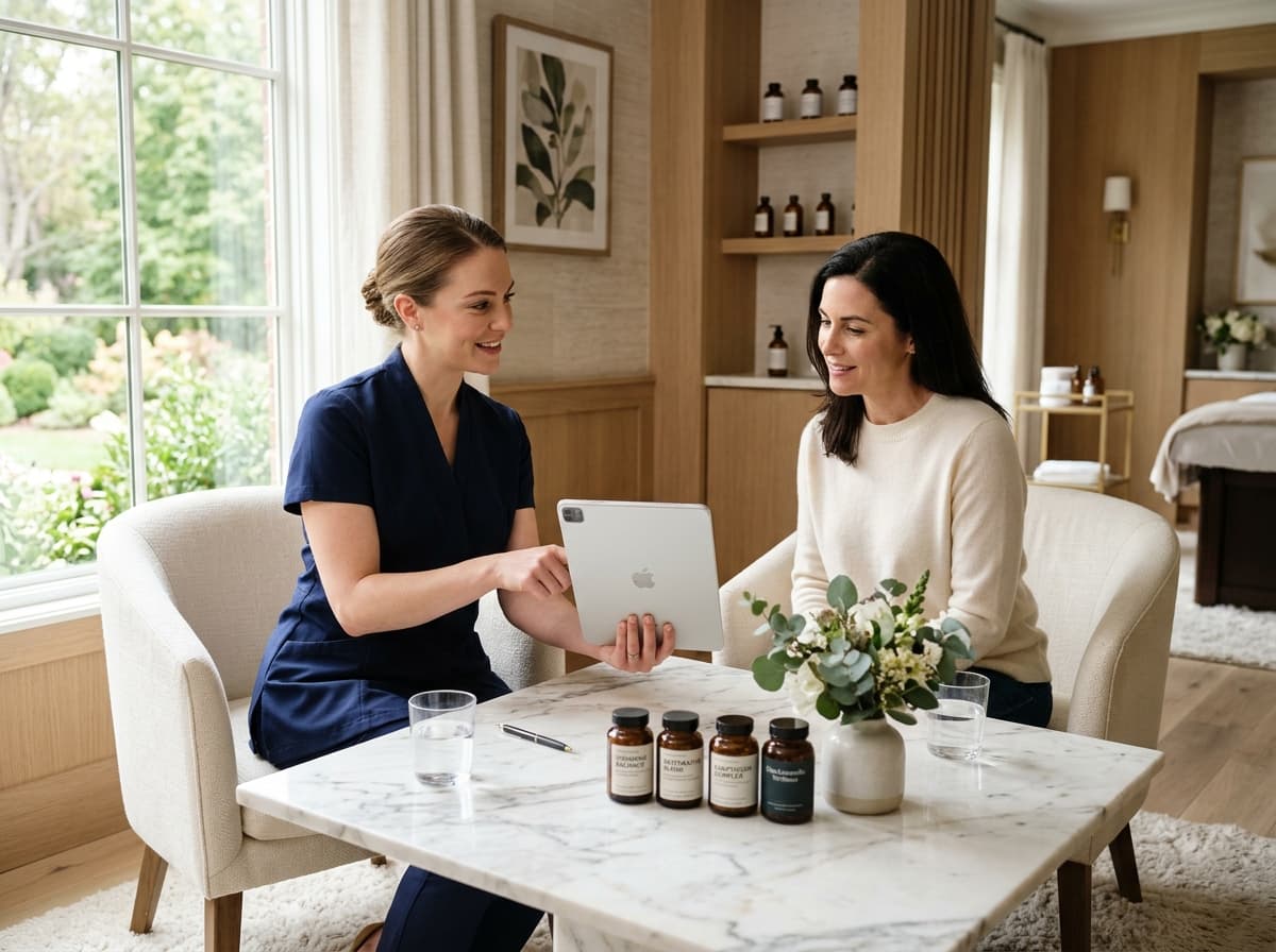 Master Esthetician and clinical wellness specialist consulting with patient on hormone balance in Charlottesville VA