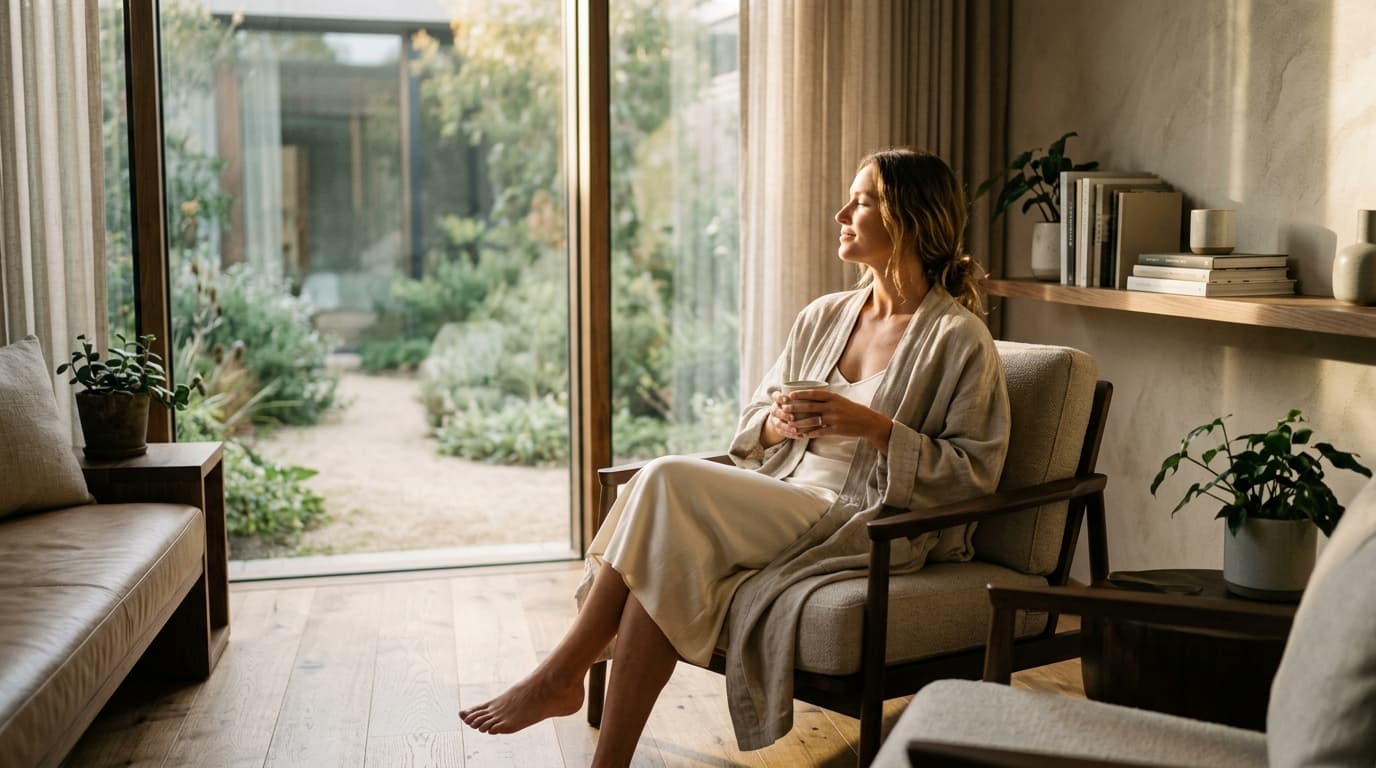 Woman experiencing renewed vitality and calm wellness in luxury retreat suite Charlottesville VA