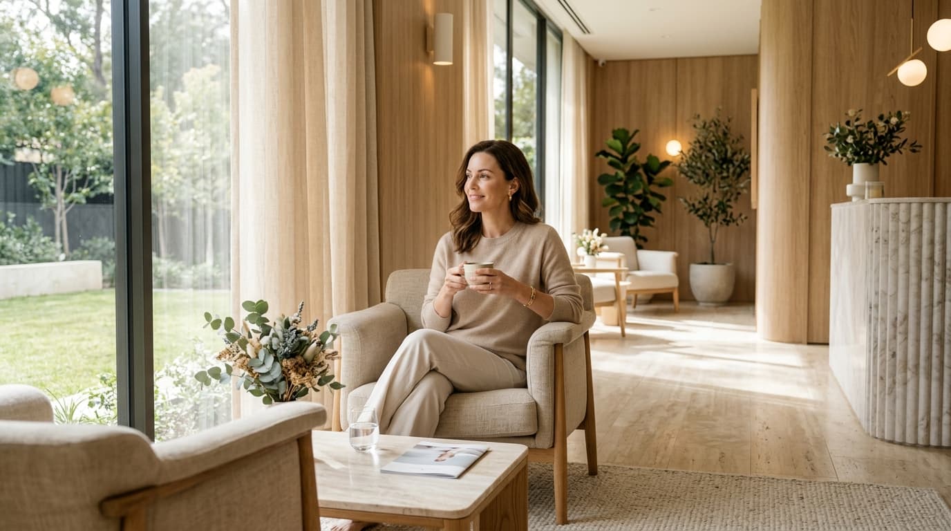 Woman relaxing in sunlit architectural wellness clinic suite Charlottesville VA