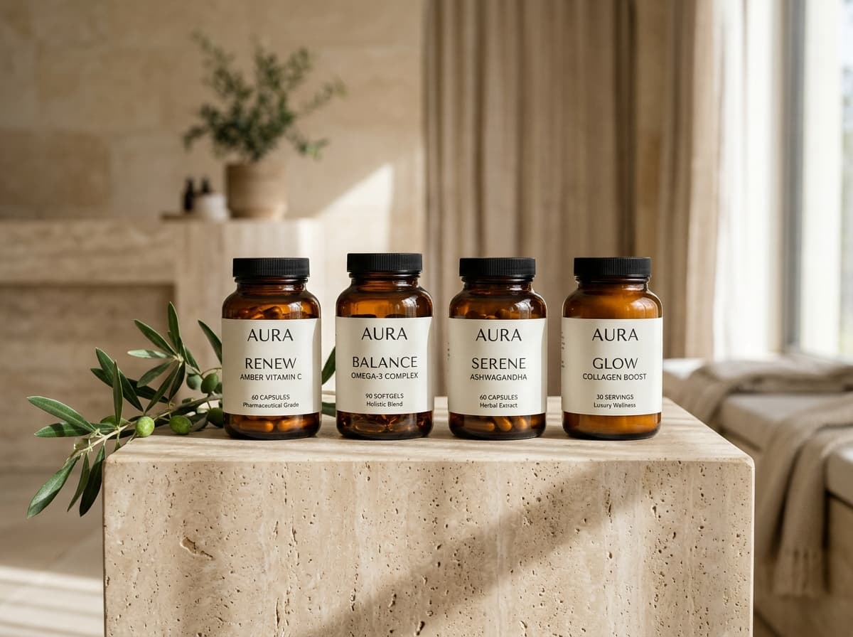 Clinical grade amber apothecary supplement jars on travertine pedestal in Charlottesville wellness clinic