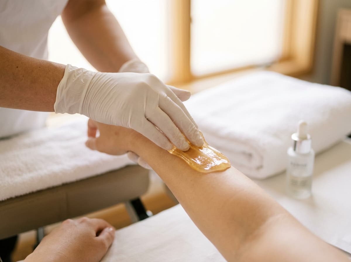 Master Esthetician applying natural golden organic sugar paste at Studio Luveria Aesthetics