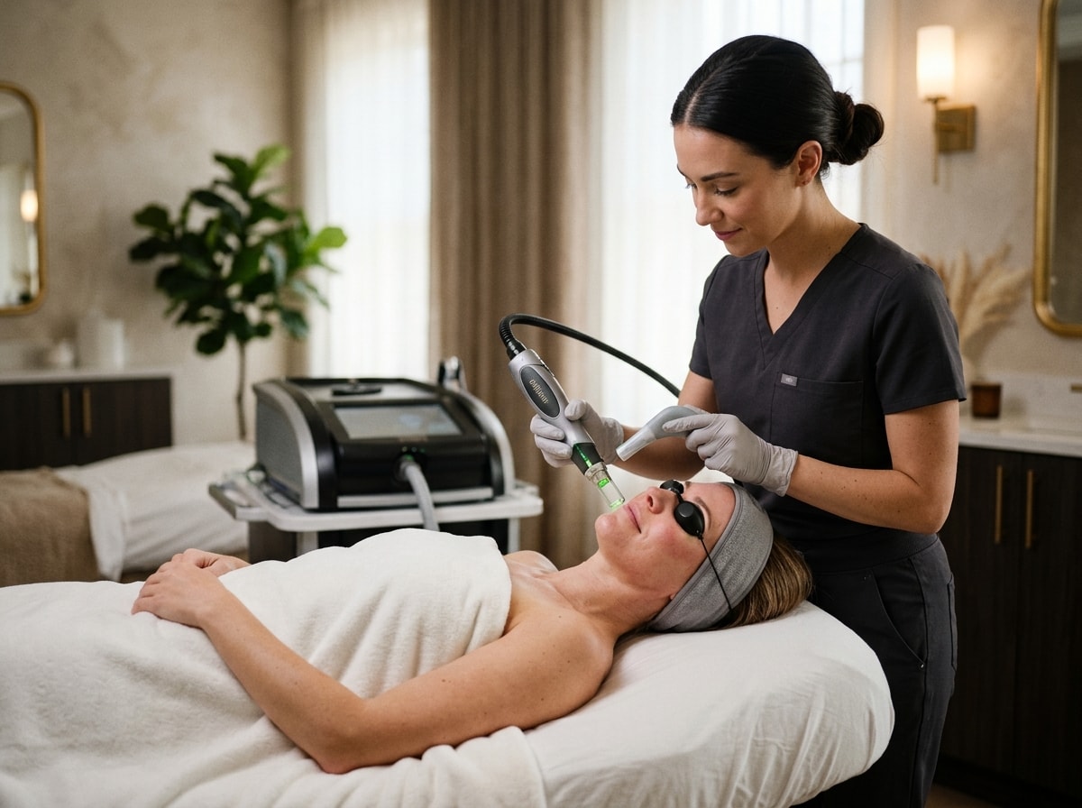 Patient receiving gentle Moxi laser skin resurfacing treatment at Studio Luveria